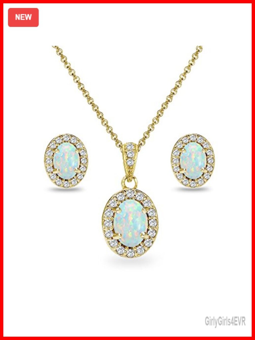 Yellow Gold Flashed Sterling Silver Opal & CZ Halo Necklace Stud Earrings Set